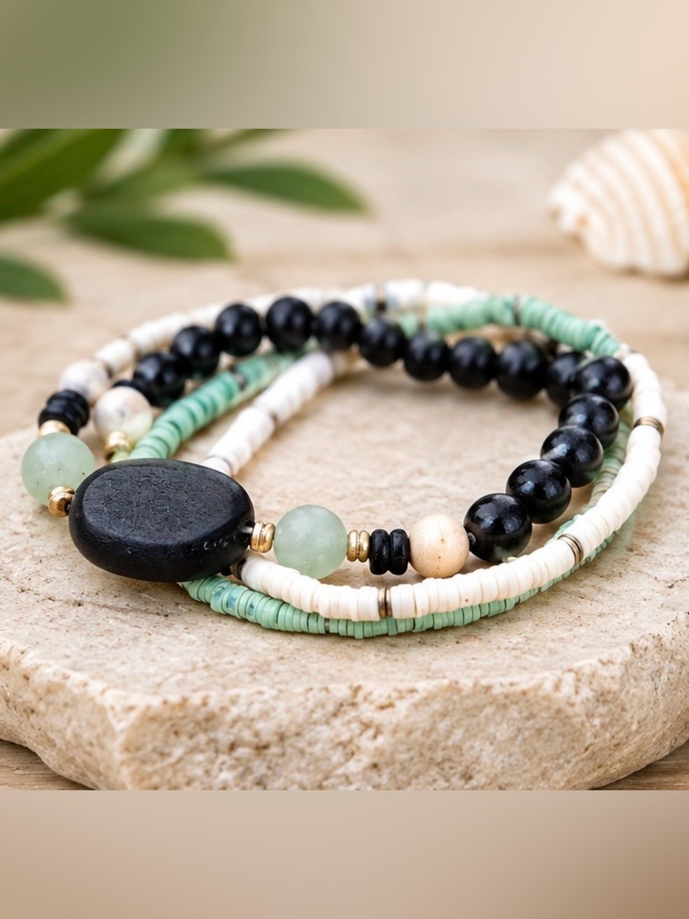 Stretch Bracelet Set Black Sea Green White Gold Tone Mermaidcore Beach Vibes